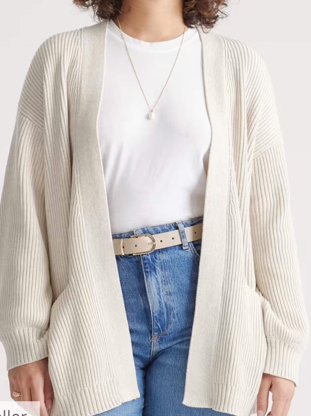 Quince - 100% Cotton Speckled Beige Open-Front Ribbed Cardigan Sweater